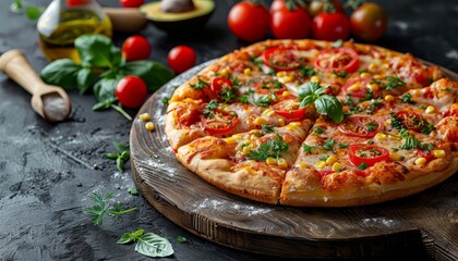 Wall Mural - A delicious pizza with tomato, cheese, and corn on a wooden board with fresh ingredients in the background.