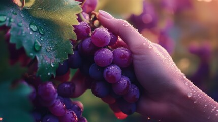 harvesting red grapes: a hand gently picks a cluster of ripe red grapes from the vine, glistening wi