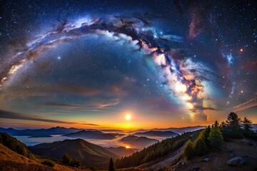 starry night astrophotography: crescent moon, glowing stars, milky way galaxy's celestial splendor.