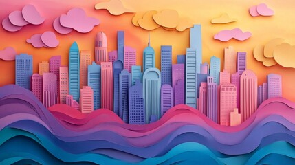 Poster - Vibrant Paper Art Cityscape at Sunset