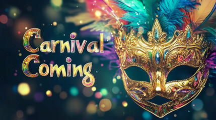 Wall Mural - Vibrant Carnival Mask with Colorful Feathers and Glittering Background. Concept of Mardi Gras Celebration, Festive Spirit, Cultural Tradition