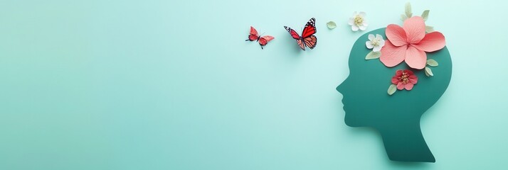 Wall Mural - Cardboard silhouette of human head decorated with flowers and butterfly on mint background World mental health day concept Vertical banner Copy space