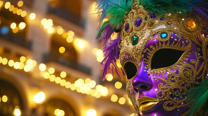 Wall Mural - Ornate Mardi Gras Mask in Vibrant Colors with Bokeh Lights. Concept of Festive Celebration, Artistic Tradition. Copy space