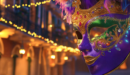 Wall Mural - Ornate Carnival Mask with Feathers at Mardi Gras Festival. Concept of Celebration, Cultural Traditions. Copy space