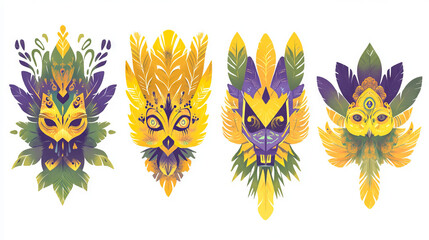 Wall Mural - Colorful Mardi Gras Masks Illustration Featuring Vibrant Feathers and Intricate Designs. Concept of Celebration, Cultural Festivities