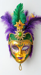 Wall Mural - Colorful Mardi Gras Mask with Purple and Green Feathers. Concept of Carnival Celebration, Festive Decorations