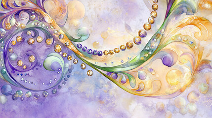 Wall Mural - Colorful Mardi Gras Watercolor Illustration with Intricate Swirls and Vibrant Jewels. Concept of Festive Celebration, Artistic Expression. Copy space