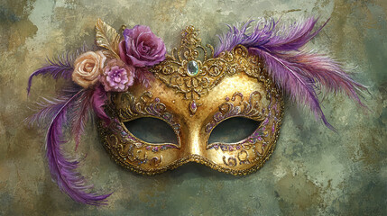 Wall Mural - Golden Mardi Gras Mask with Purple Feathers and Roses, Concept of Festive Celebration, Elegant Disguise