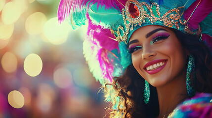 Wall Mural - Smiling Woman in Vibrant Carnival Costume at Mardi Gras. Concept of Cultural Celebration, Festive Spirit. Copy space