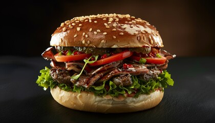 Wall Mural - Close-up of a juicy burger with lettuce, tomato, pickles, and a sesame seed bun.