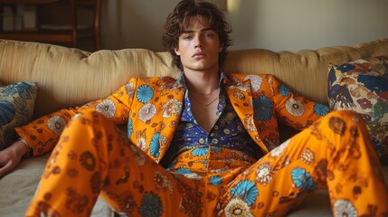 Young Man Relaxed on Couch in Floral Suit - Calm, Stylish Portrait