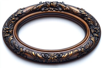 Wall Mural - Oval wooden picture frame with ornate floral decoration isolated on white background