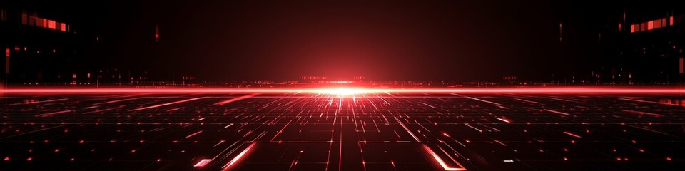 Poster - A futuristic landscape with glowing lines and a central light burst, evoking technology themes.