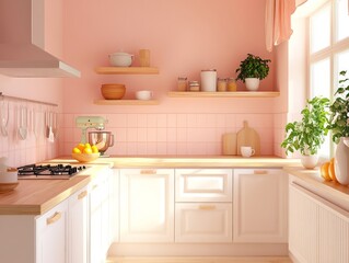 Pastel Pink Kitchen Interior Design with Wooden Accents