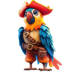 Canvas Print - A charming cartoon pirate parrot, standing proudly in a red pirate hat and brown leather belt, isolated on a white background.