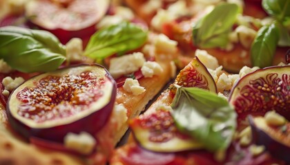 Wall Mural - Close-up of a fig and cheese pizza with fresh basil leaves.