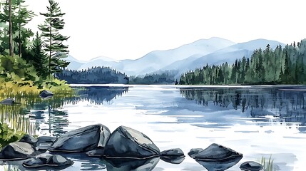 Wall Mural - Serene Watercolor Painting of a Mountain Lake Reflected in Calm Water, Surrounded by Majestic Evergreens.