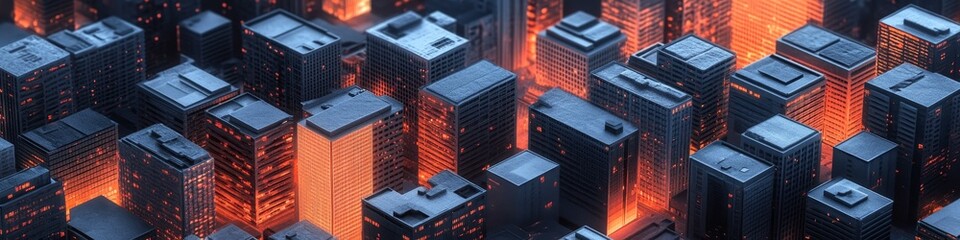 Aerial view of a cityscape illuminated with fiery orange lights at night.