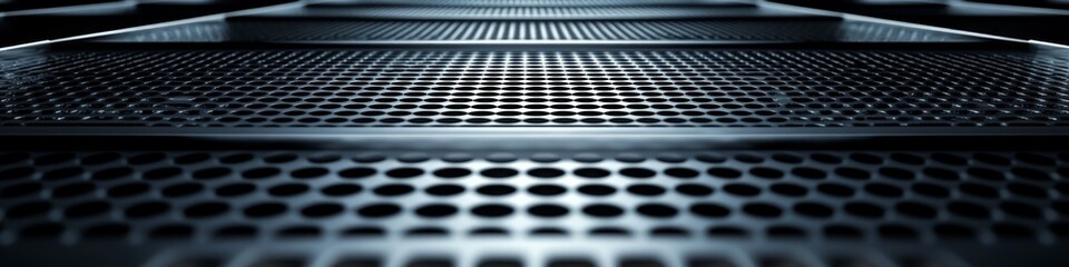 Poster - A close-up view of a metallic surface with circular perforations, suggesting industrial design.