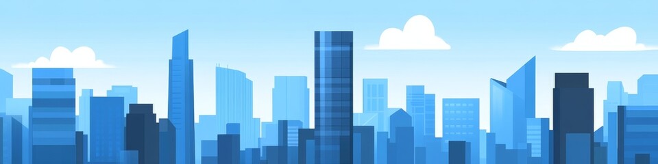 A stylized city skyline illustration featuring various building shapes and blue tones.