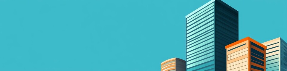 A stylized depiction of modern skyscrapers against a bright blue sky.