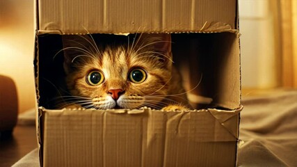 Poster - Curious domestic feline peeks from cozy cardboard box, showcasing its playful nature and bright eyes, capturing essence of curious pet animal in warm atmosphere.