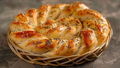 Wall Mural - A freshly baked braided bread with poppy seeds on top, placed in a wicker basket.