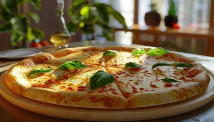 Wall Mural - A freshly baked pizza with basil on a wooden board.