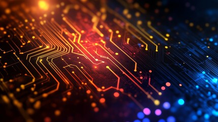 Aufkleber - Abstract digital circuit design with vibrant colors and glowing elements.