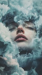 Poster - Serene Dreams: A Surreal Portrait in Teal and White