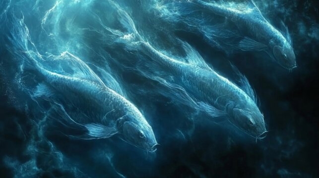 Luminous Blue Fish in Deep Ocean