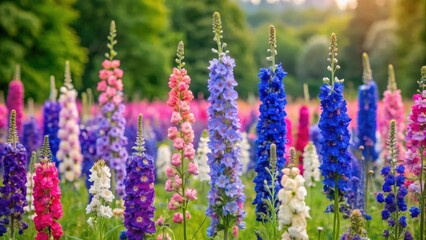 Poster - Colorful delphinium flowers scattered in lush English meadow, delphinium, flowers, colorful, confetti, meadow, summer, vibrant