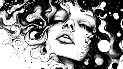 Wall Mural - Abstract Monochrome Woman Portrait: Ink Drawing