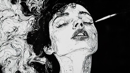 Wall Mural - Sensual Woman Portrait: Monochrome Ink Drawing