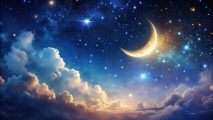 Wall Mural - Mystical night sky with a crescent moon and twinkling stars, night, sky, mystical, crescent, moon, stars, twinkling, celestial