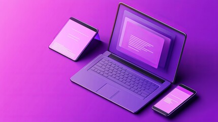 Poster - A modern workspace featuring a laptop, tablet, and smartphone with a purple gradient background.