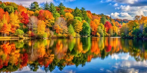 Wall Mural - Tranquil autumn scene by the lake with colorful foliage reflected in the water, Autumn, Tranquil, Lake, Colorful, Foliage