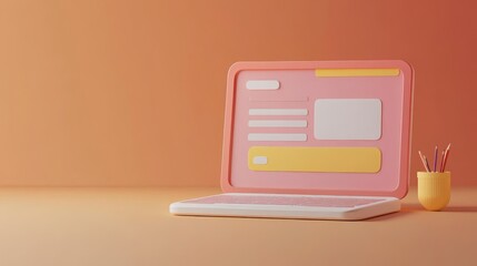 Poster - A stylized laptop with a colorful design and a small container of pencils beside it.