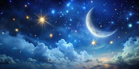 Wall Mural - mystical night sky with a crescent moon and twinkling stars, crescent moon, stars, night sky, mystic
