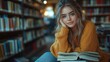 © Anwaris - Pretty Girl Reading a Book in a Library, Bookshelves and Knowledge Atmosphere