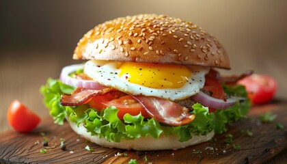 Wall Mural - Close-up of a delicious burger with a fried egg, bacon, tomato, lettuce, and onion on a sesame seed bun.