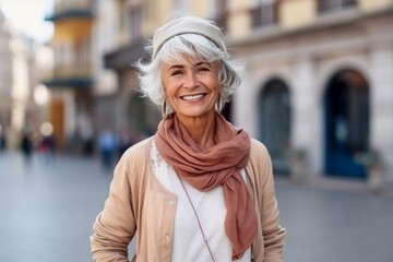 Wall Mural - Portrait of a happy senior woman walking in the city with scarf