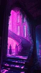 Wall Mural - A Woman in a Purple Palace: A Surreal Staircase Dream