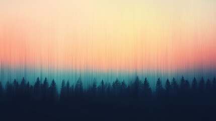 Silhouetted Forest at Sunset: A dreamlike, abstract landscape with a vibrant, hazy sunset over a dark, mysterious forest.