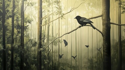 Wall Mural - Birds in a Misty Forest: A Serene Landscape Painting