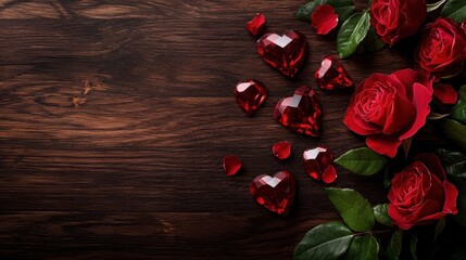 Wall Mural - Romantic arrangement of red roses and heart-shaped gems