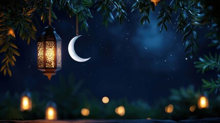 Wall Mural - Serene night scene with lanterns and crescent moon