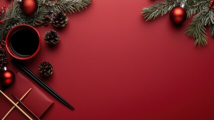 Wall Mural - festive holiday table setting with red accents and pinecones