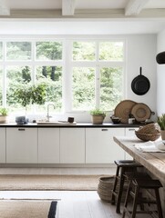 Wall Mural - Bright Modern Kitchen With Rustic Wooden Table And Natural Decor