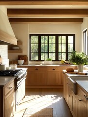 Wall Mural - Sunlit Kitchen With Wooden Cabinets And Large Windows